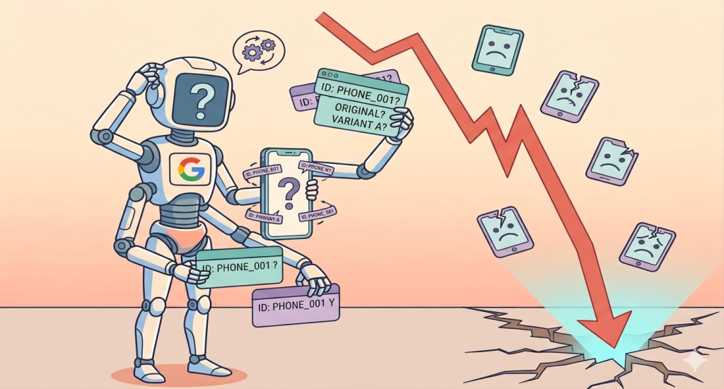 Googlebot confundido analizando múltiples etiquetas de ID duplicadas de un mismo teléfono móvil, junto a una gráfica roja con tendencia hacia abajo